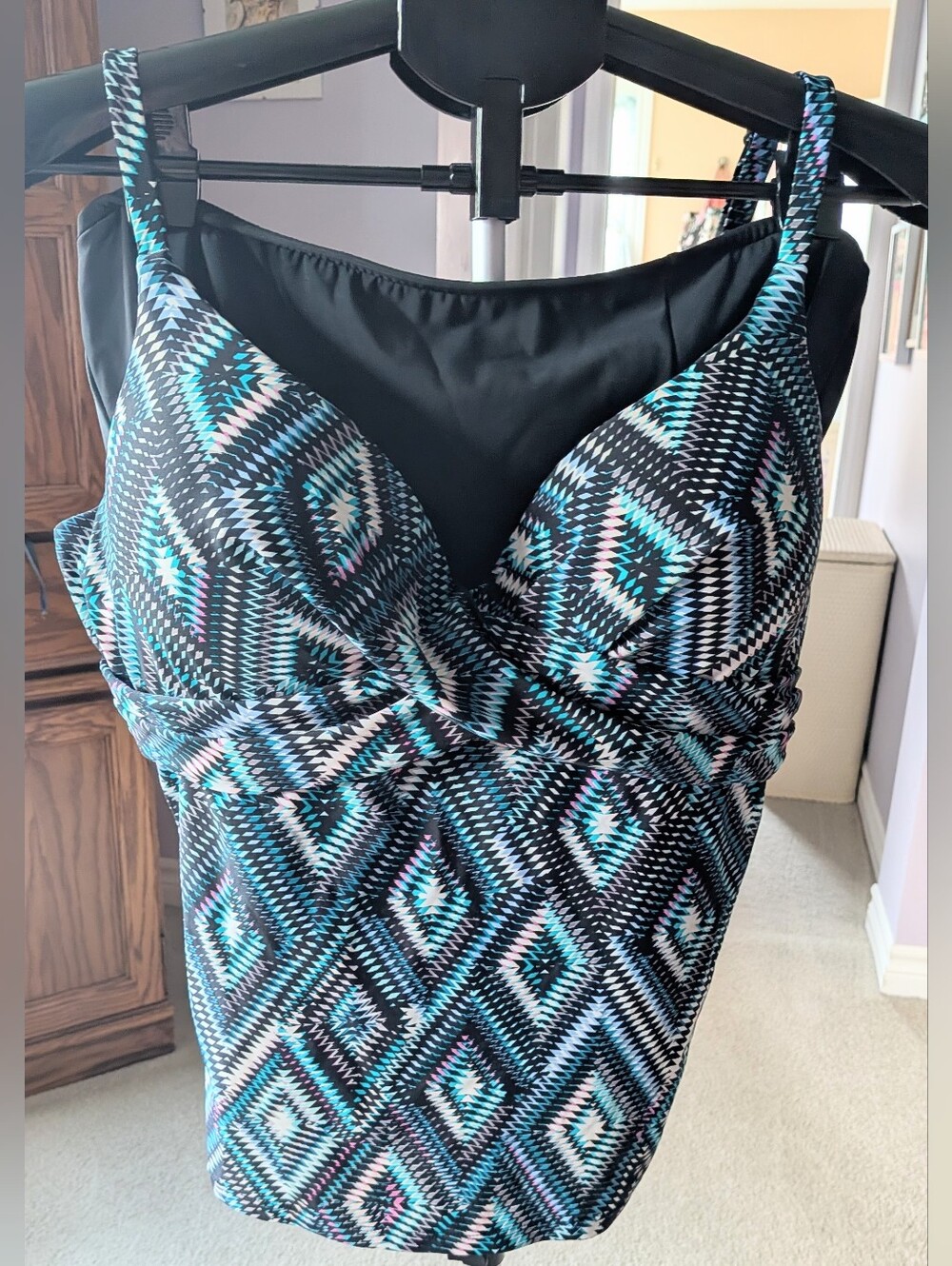Island Escape Swim Top with Teal & White Accents Coupled With Black Skirt Bottom